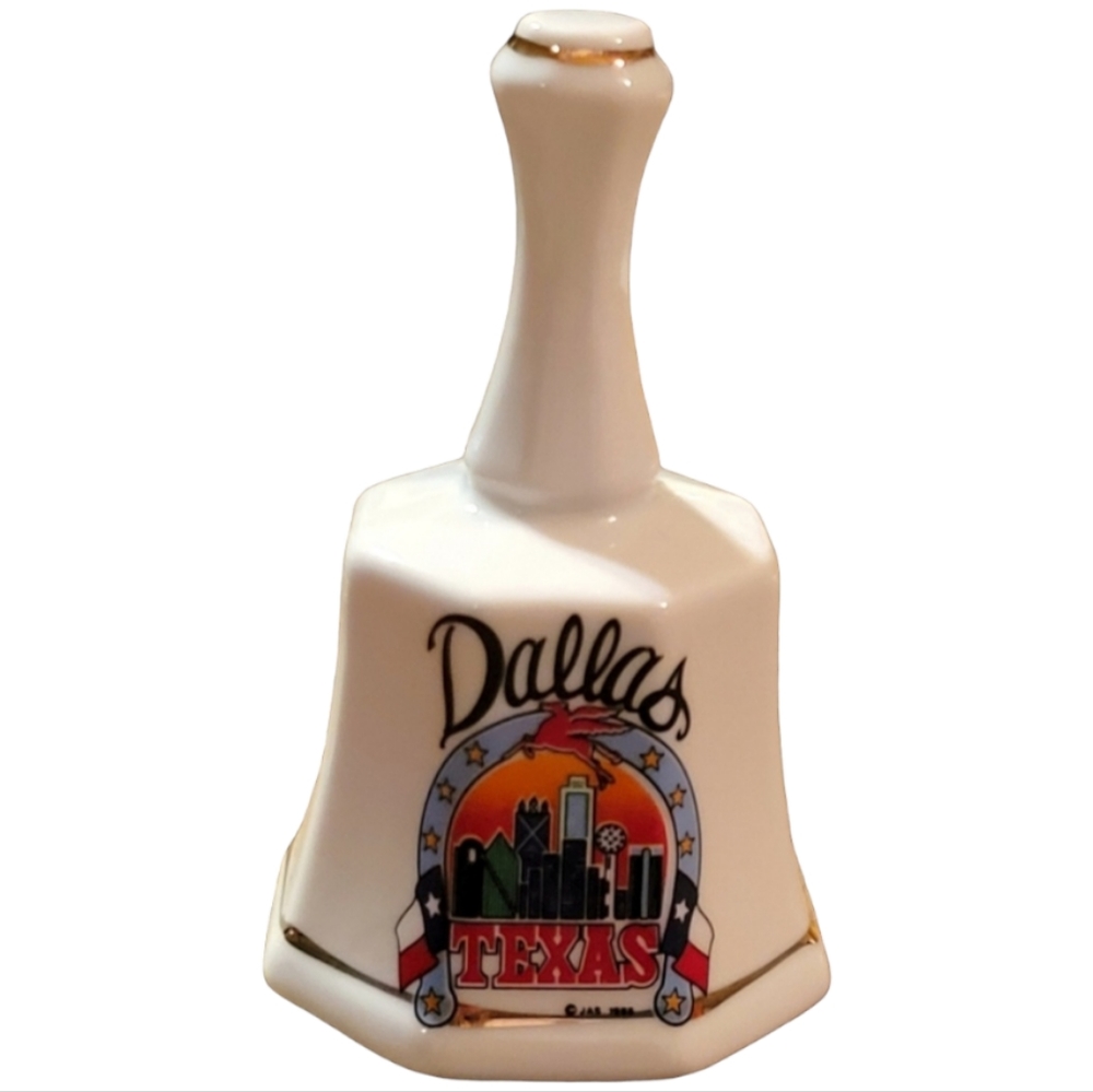 Vtg 1988 JAS Porcelain Bell Dallas Texas Gold Trim Pegasus Flag City Skyline